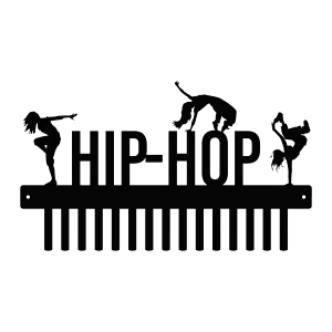 Black steel medal hanger with the word 'HIP-HOP' and three female dancers in various poses on top. Features 15 hooks for hanging medals.